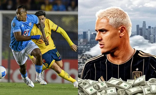 Jugadores de América y el Azul pelean pelota, a la derecha, jugador de LAFC (Fuente: Mexsports y Club América)