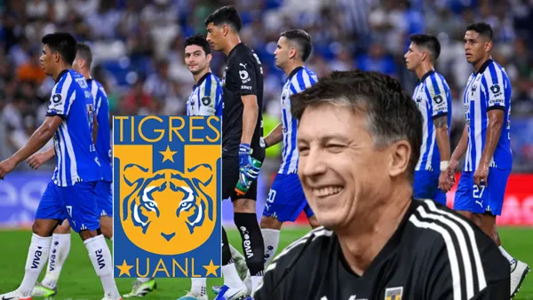 Jugadores de Rayados, escudo de Tigres y Robert Dante Siboldi/ Foto: TV Azteca