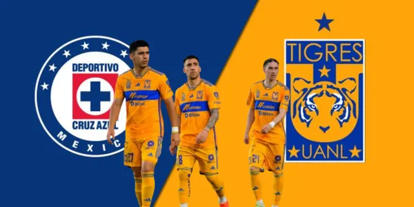 Jugadores de Tigres junto a los escudos de Cruz Azul y Tigres / FOTO X