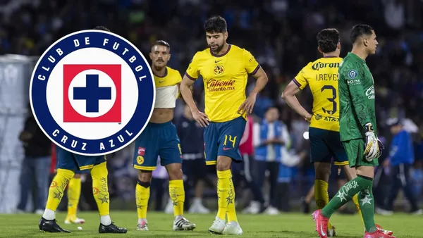 Jugadores del Club América y escudo de Cruz Azul