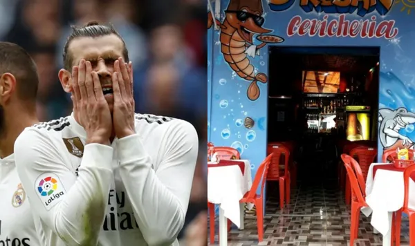 Jugadores del Real Madrid se lamentan por un gol, junto a esto una cevichería / El Futbolero