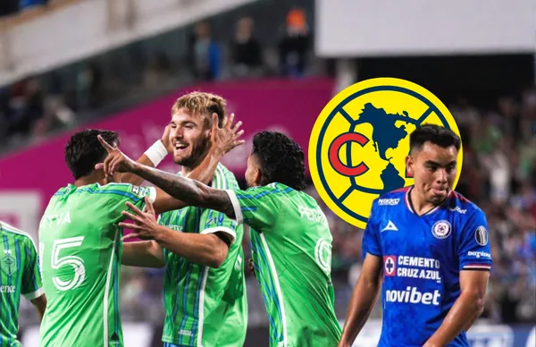 Jugadores del Seattle Sounders, Cruz Azul y escudo del América/Foto FC Sounders.
