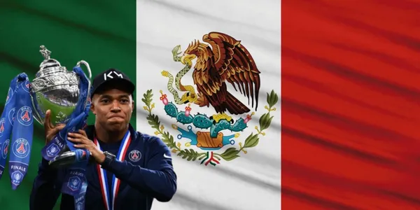 Kylian Mbappé junto a la. bandera de México / FOTO MARCA