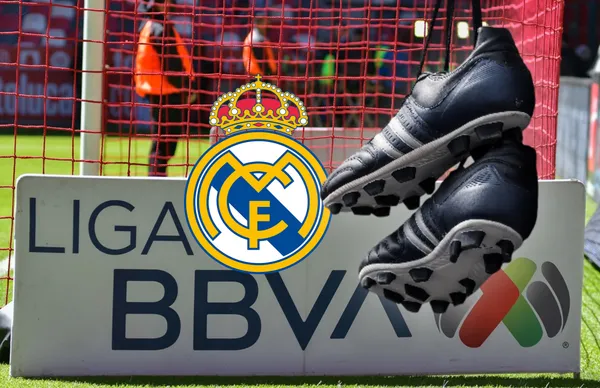 Logo de Liga MX, escudo del Real Madrid y tenis colgados/Foto Imago 7.