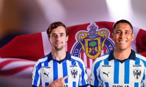 Luis Romo y Jordi Cortizo al frente, de fondo, el escudo de las Chivas (Fuente: Chivas)
