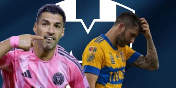 Luis Suárez junto al escudo de Rayados / FOTO PORTAL MEDIOS PÚBLICOS