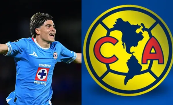 Luka Romero festeja gol con Cruz Azul, a la derecha, escudo de América (Fuente: Mexsports y Club América)