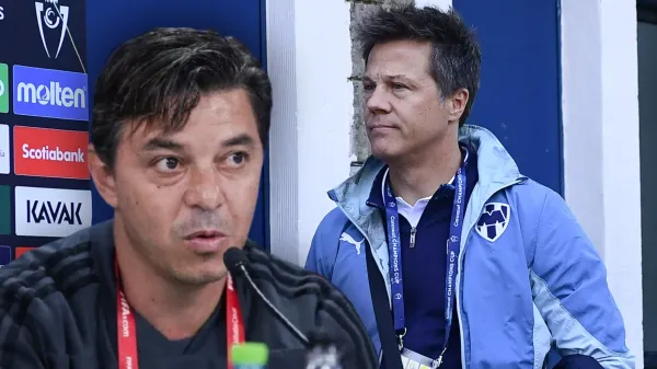Marcelo Gallardo en conferencia de prensa y Tato Noriega