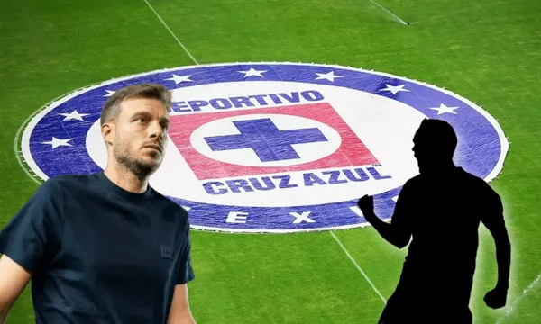 Martín Anselmi y el fondo con el escudo de Cruz Azul (Fuente: Nación Fútbol)