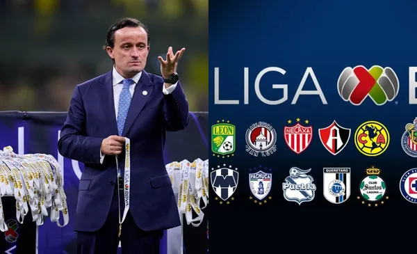 Mikel Arriola entrega medallas, a la derecha, escudos de clubes de Liga MX (Fuente: Mexsports y Liga MX)