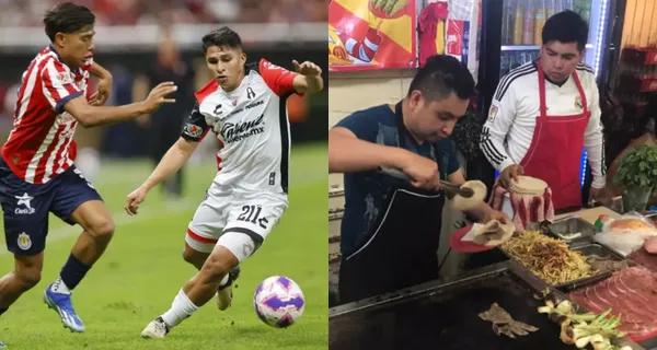 Padilla trata de quitarle la pelota a un jugador del Atlas, a la derecha, un hombre cocina (Fuente: Mexsports y Excelsior)