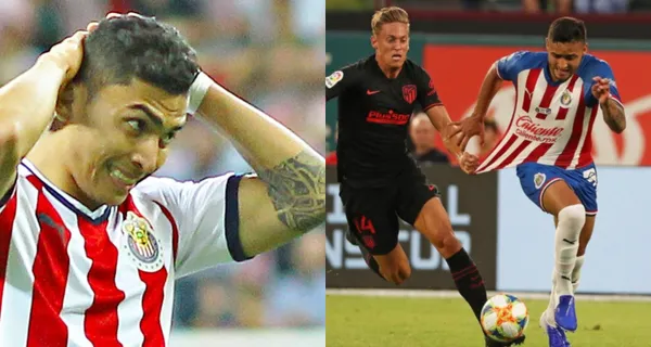 Pineda se toma la cabeza tras fallar un gol, a la derecha, Chivas enfrenta al Atlético (Fuente: Mexsports y Atlético)