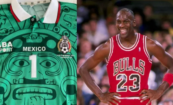 Playera de México en Mundial del 98, a la derecha, Jordan en juego (Fuente: Azteca)