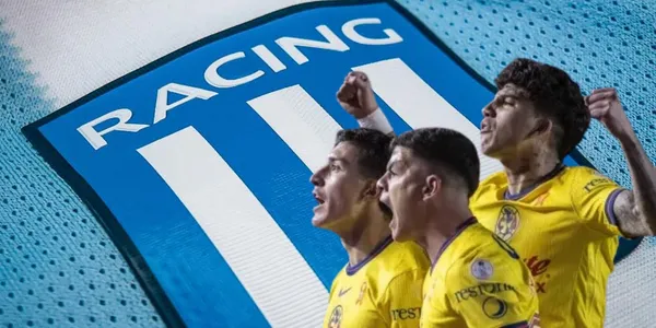 Richard Sánchez, Alejandro Zendejas y Kevin Álvarez junto al escudo de Racing / FOTO BOLAVIP