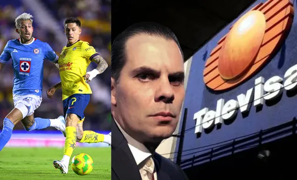 Rodríguez pelea la pelota contra Piovi, a la derecha, Martinoli con el logo de Televisa (Fuente: Mexsports y Medio Tiempo)