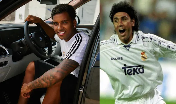 Rodrygo en su coche, en las instanaciones del Madrid, junto con él Hugo Sánchez festeja un gol / El Futbolero