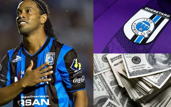 Ronaldinho con la playera de Querétaro, dinero y escudo de los Gallos / El Futbolero