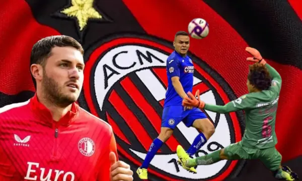 Santiago Giménez con el fondo del escudo del AC Milan (Fuente: Nación Fútbol)