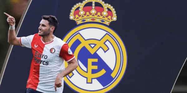 Santiago Giménez con el jersey del Feyenoord junto al escudo del Real Madrid / FOTO El Porvenir