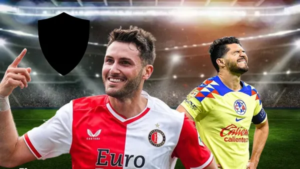 Santiago Giménez junto a Henry Martin, escudo de fútbol en negro/oculto/FOTO El Futbolero