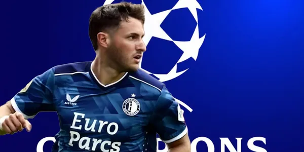 Santiago Giménez y al fondo el logo de la Champions League (Foto: GettyImages)