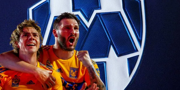 Sebastián Córdova y André Pierre Gignac junto al escudo de Rayados / FOTO MEDIOTIEMPO