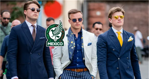 Tres hombres vestidos de manera elegante con el escudo de la selección de México