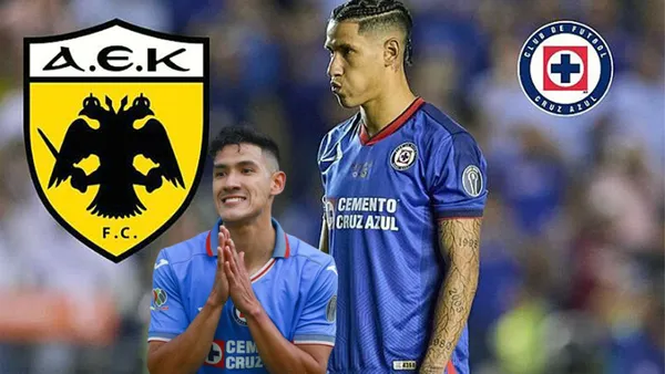 Uriel Antuna con el escudo del AEK y del Cruz Azul