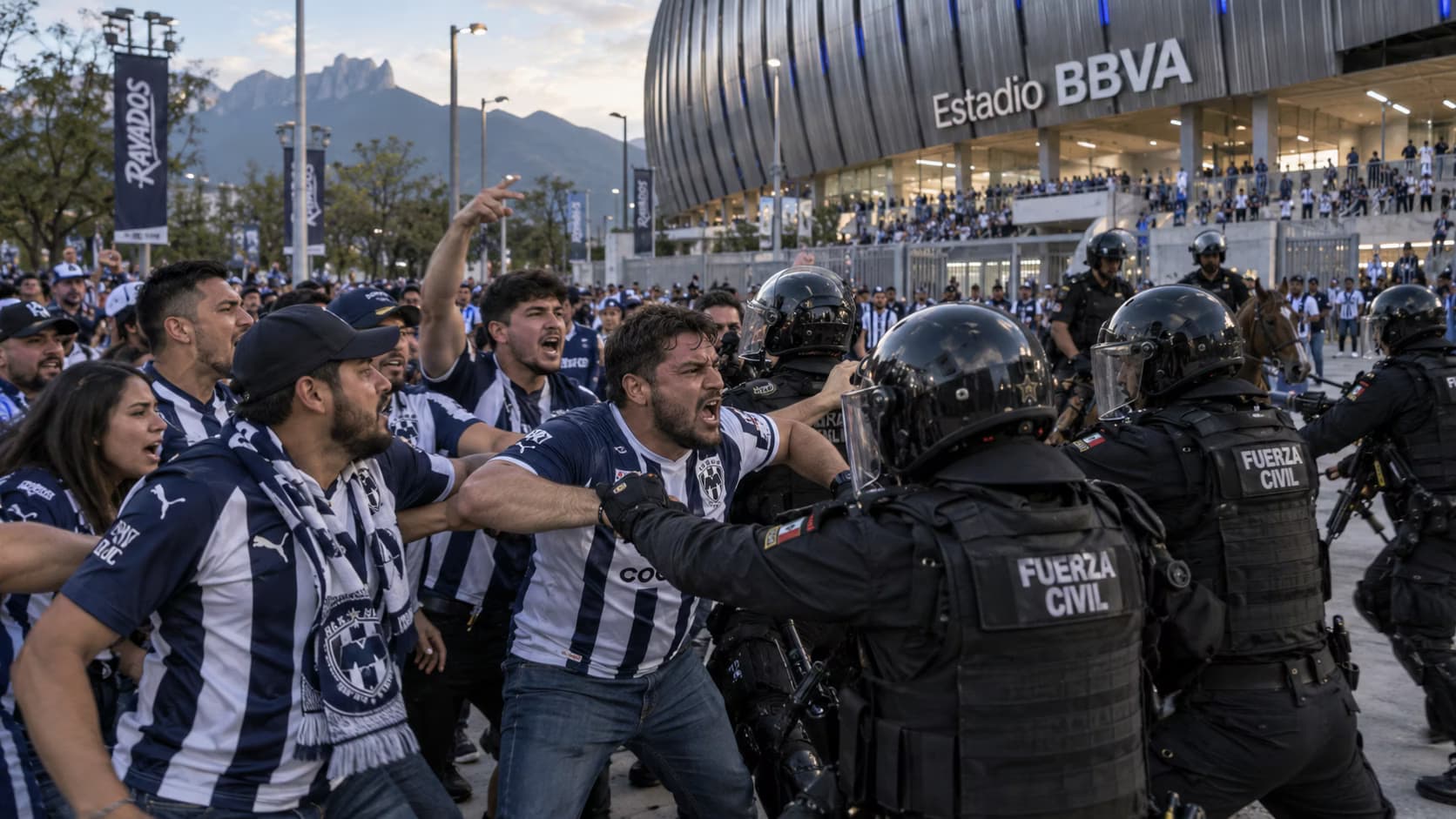 Aficionados de Rayados y elementos de la Policía de Guadalupe protagonizaron empujones durante la llegada del autobús de Monterrey al Estadio BBVA.