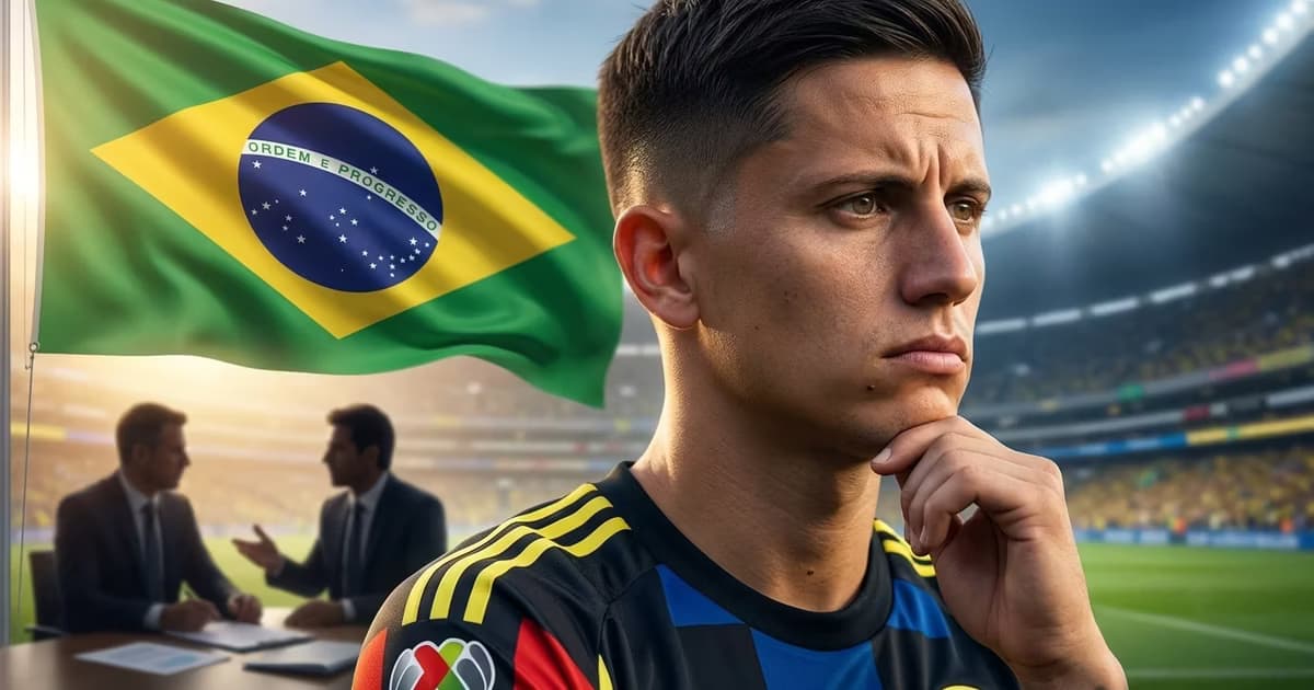 Brian Rodriguez pensativo y la bandera de Brasil detrás