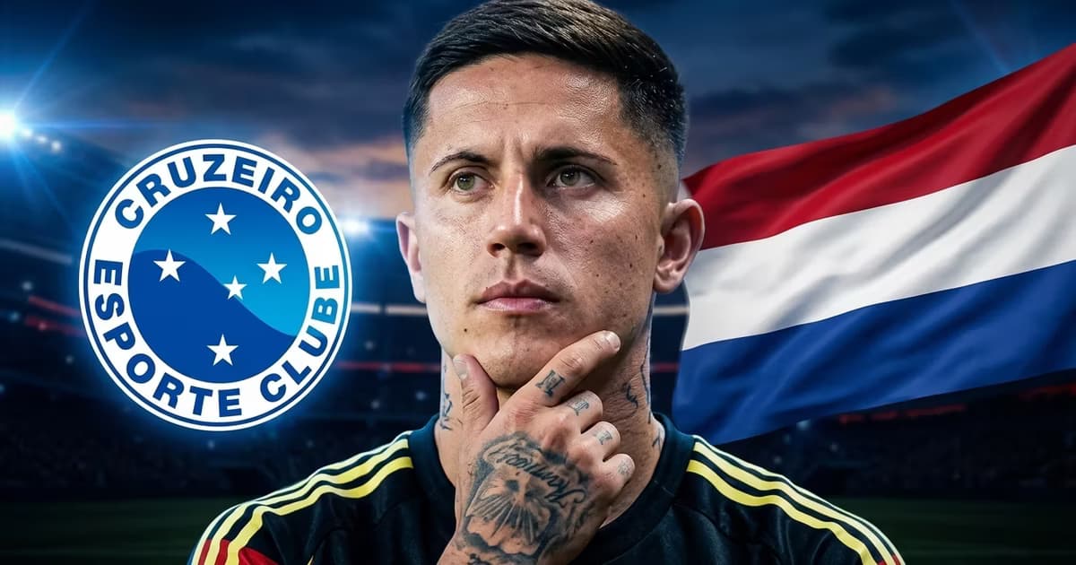 Brian Rodríguez pensativo y a sus lados el escudo de Cruzeiro y bandera de Países Bajos
