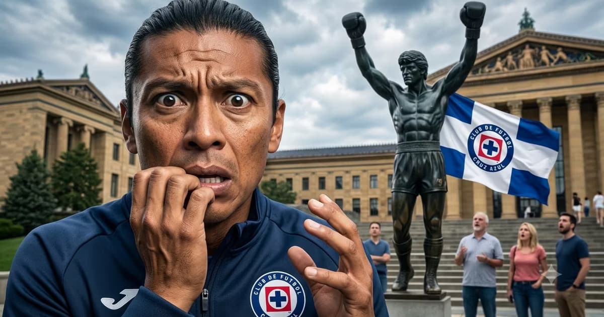Joel Huiqui asustado con la estatua de Rocky detrás