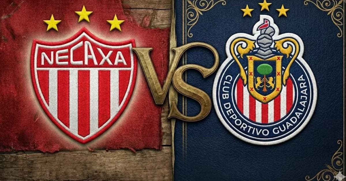 Ilustración digital del Necaxa vs Chivas de la Jornada 15 del Clausura 2026