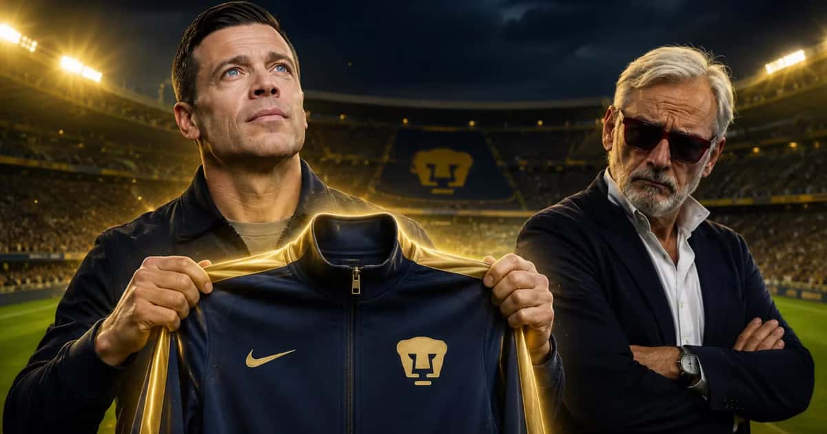 Esteban Solari sosteniendo la chamarra de Pumas.
