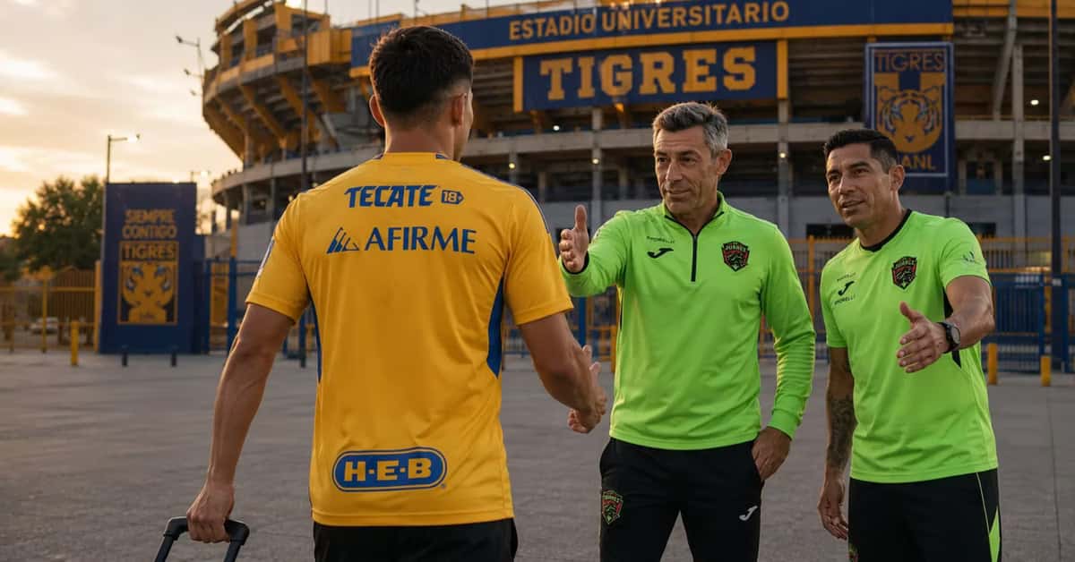 Futbolista de Tigres de espaldas, Pedro Caixinha y Javier Aquino.