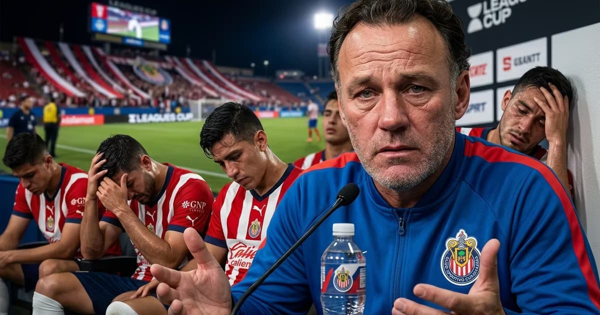 Gabriel Milito en rueda de prensa con jugadores desgastados atrás.