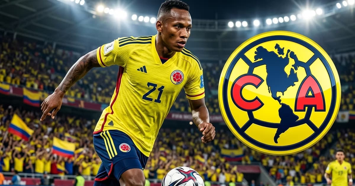 Jaminton Campaz en el Mundial 2026 jugando con la camiseta de Colombia, junto al escudo del Club América