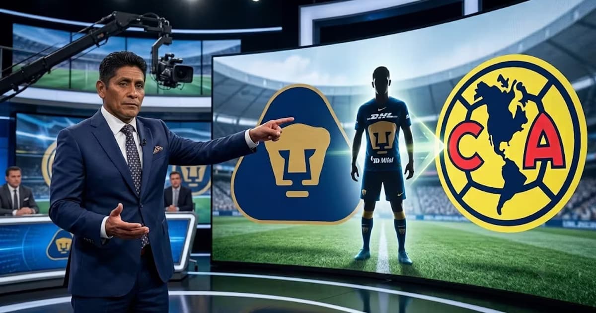 Jorge Campos apuntando a una pantalla con lo escudos de Pumas y Club América