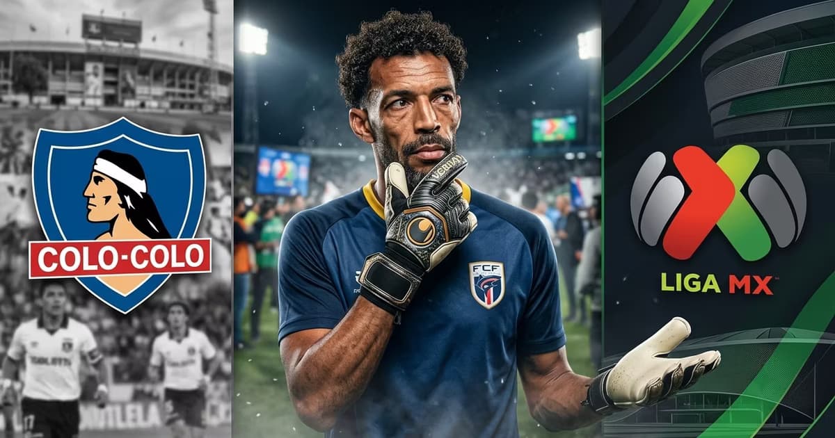 Vozinha dudando mientras posa con su traje de portero de Cabo Verde, a su izuqierda el escudo de Colo Colo y a su Derecha el logo de la Liga MX