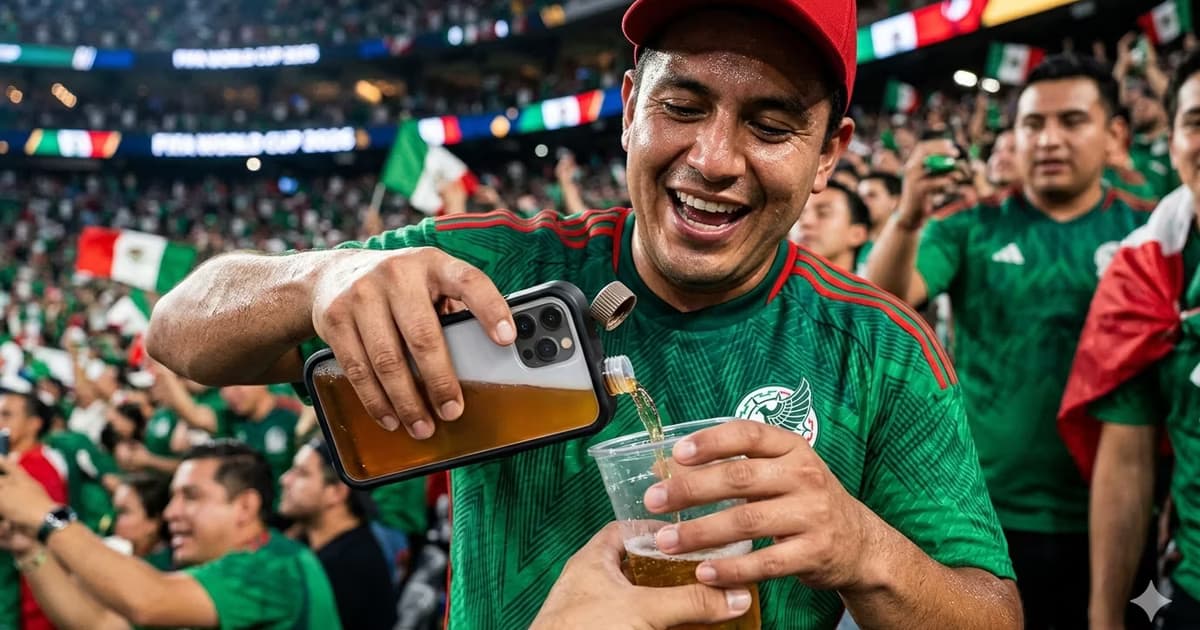 Un aficionado mexicano sorprendió en el Mundial al utilizar un recipiente con apariencia de celular para servir una bebida dentro del estadio.