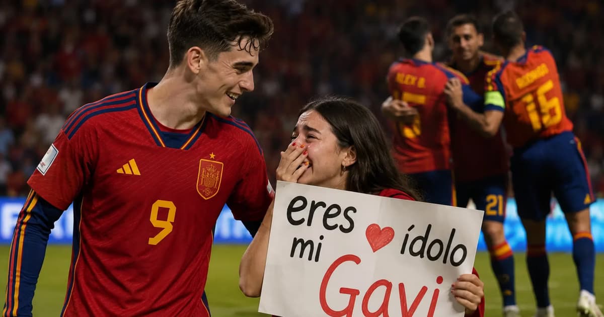 Gavi regalándole su camiseta a una aficionada.