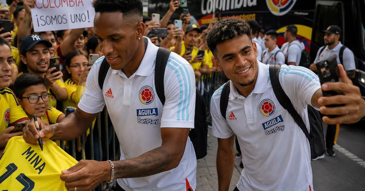 Luis Suárez y Yerry Mina atienden a los hinchas colombianos antes del viaje rumbo al debut mundialista.