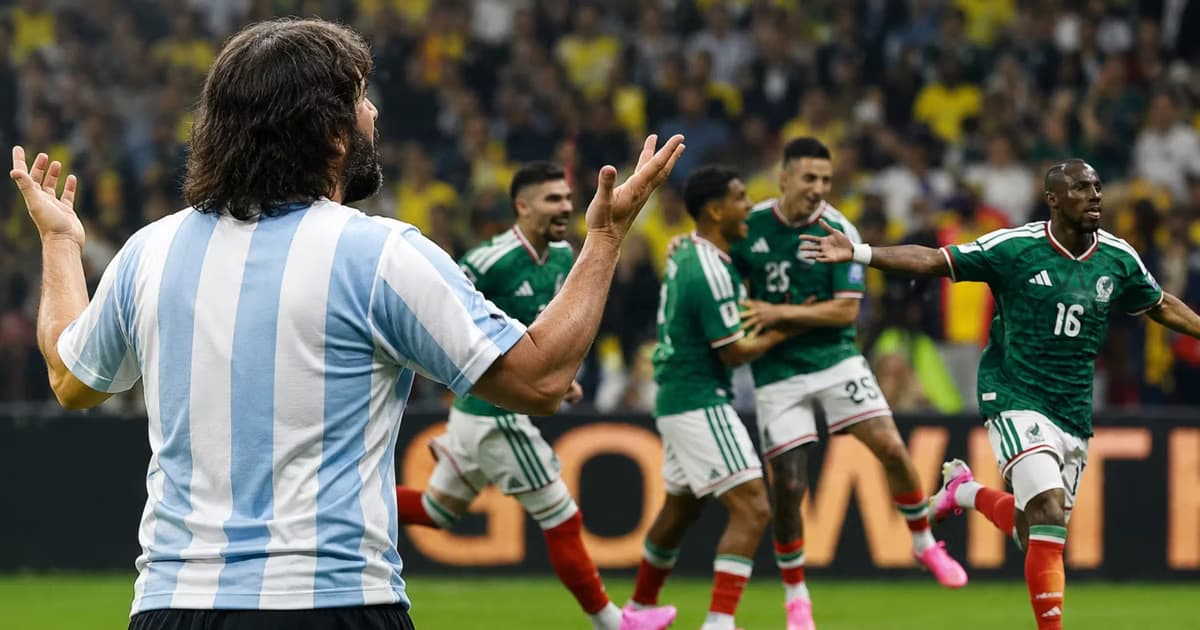 Sergio Batista de espaldas y jugadores de Selección Mexicana.