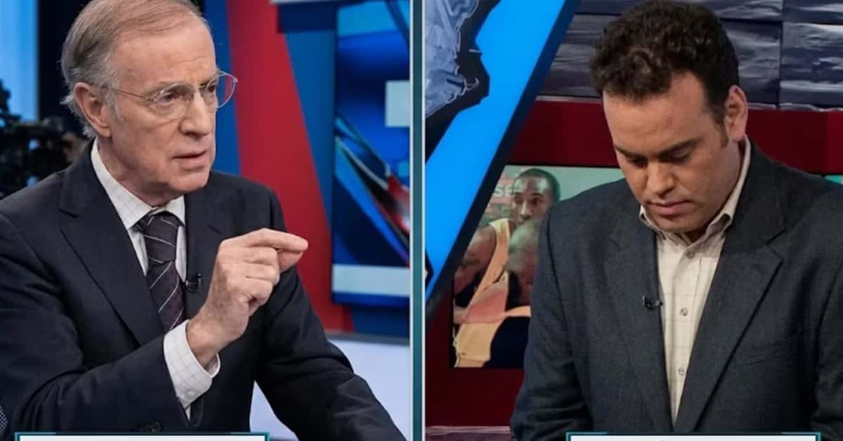 Ilustración digital de José Ramón Fernández en un programa de TV junto a David Faitelson