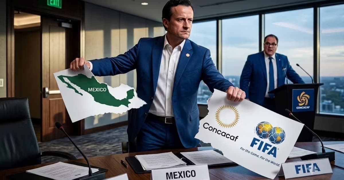 Mikel Irraola rompiendo un papel de México, Concacaf y FIFA, con el presidente de Concacaf, Victor Montagliani