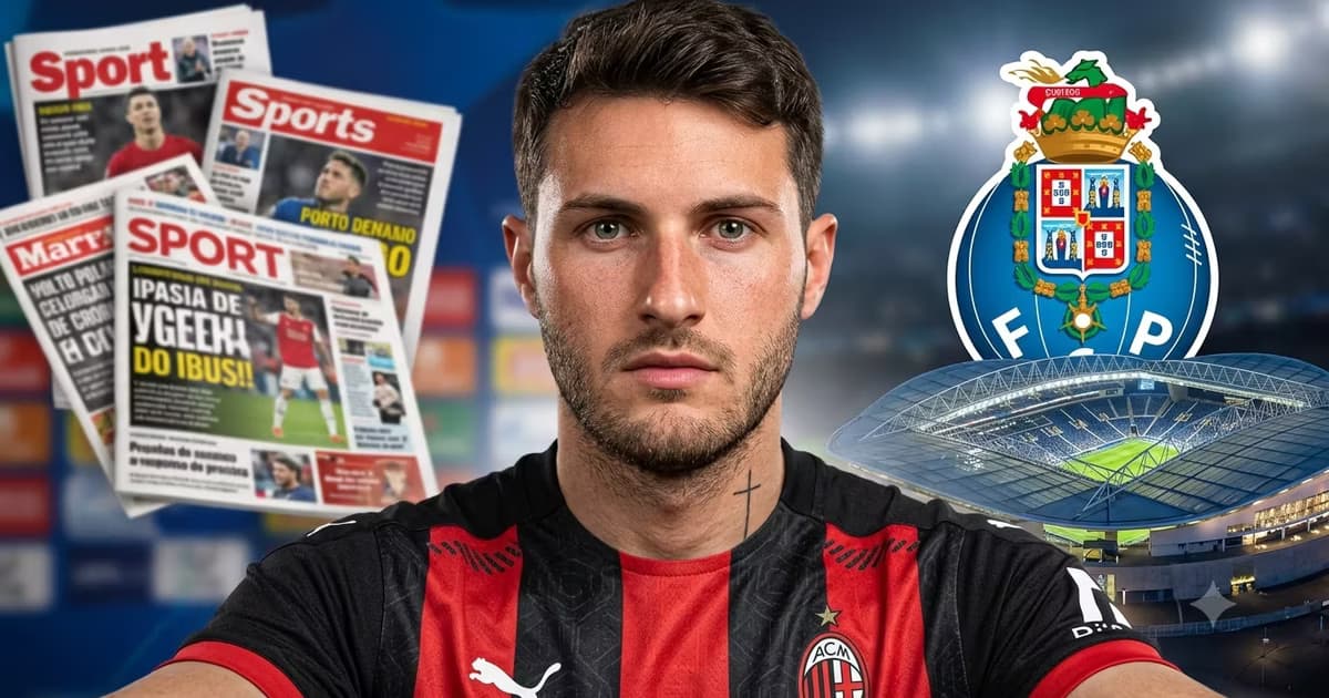 Santiago Giménez junto a periódicos y el escudo del Porto