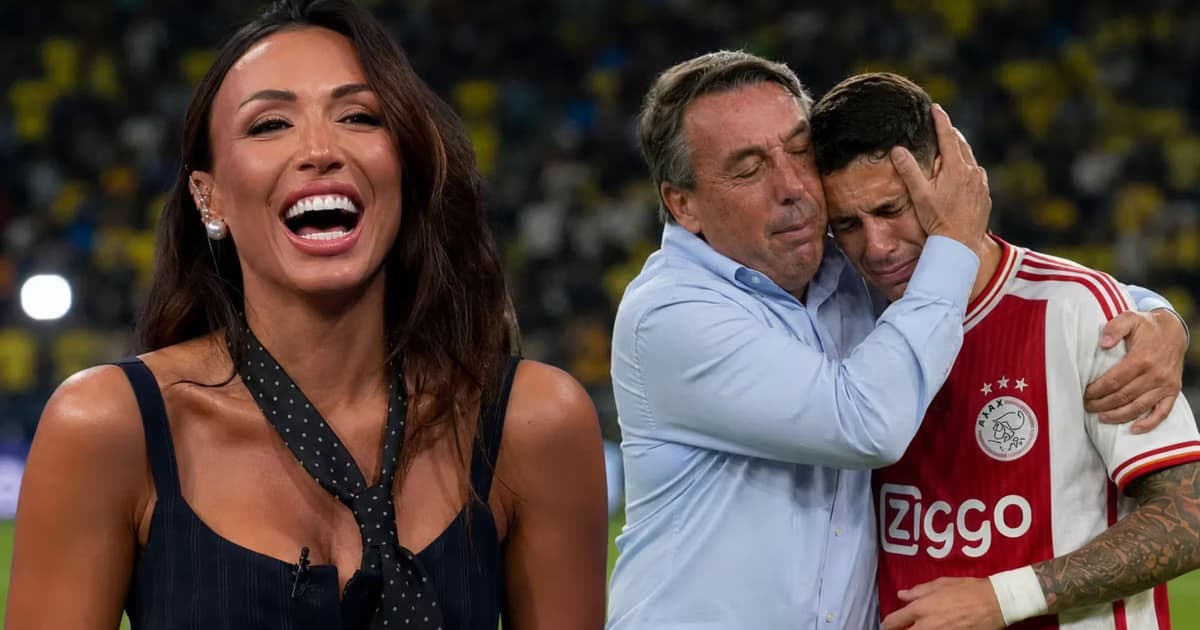 Claudia García riéndose y de fondo, Emilio Azcárraga abrazando a Brian Rodríguez.
