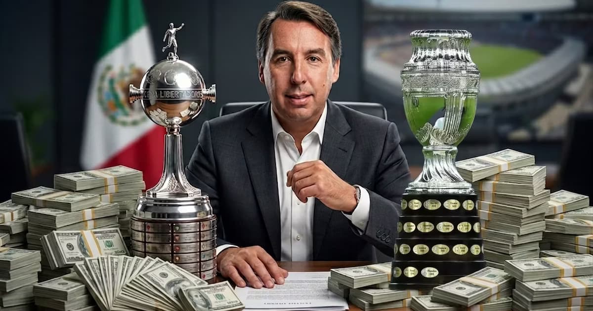 Emilio Azcárraga en un escritorio lleno de billetes junto a los trofeos de la Copa América y Copa Libertadores
