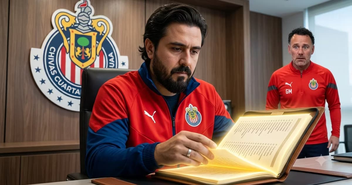Amaury Vergara viendo una carpeta brillante en las oficinas de Chivas y Gabriel Milito observando