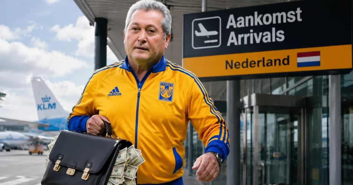 Vucetich llegando al Aeropuerto de los Países Bajos con una maleta.